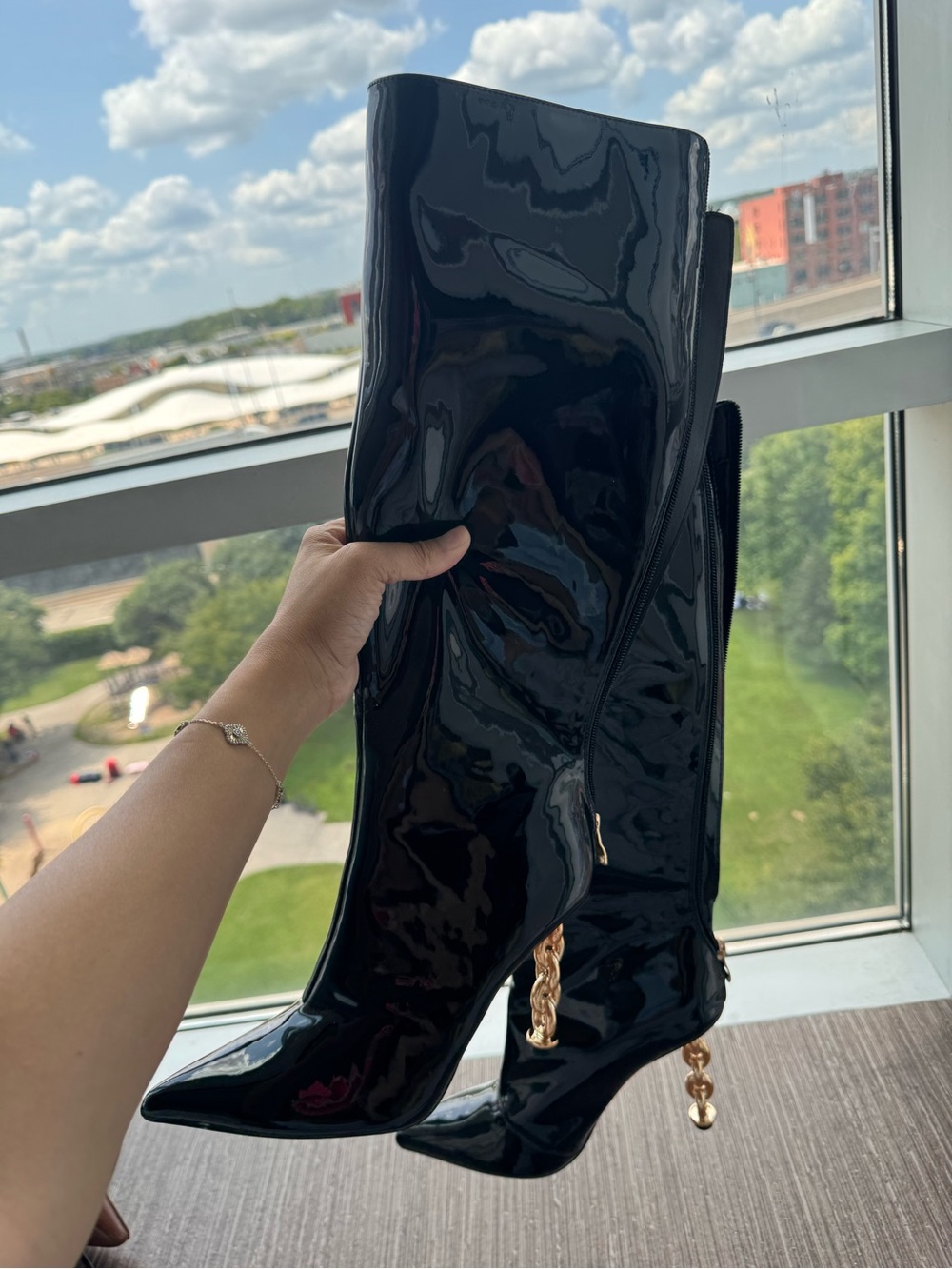 Fashion Nova Black Patent Chain Heel Knee-High Boots